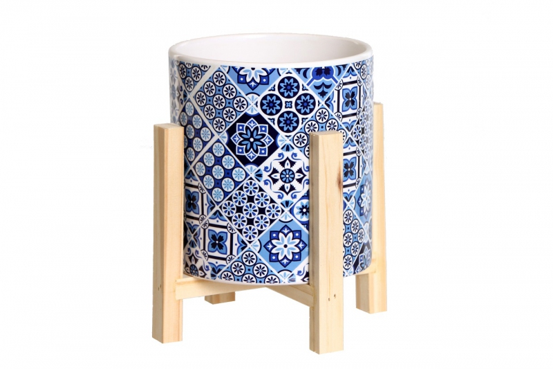 Obal na kvetináč keramický v drevenom stojane