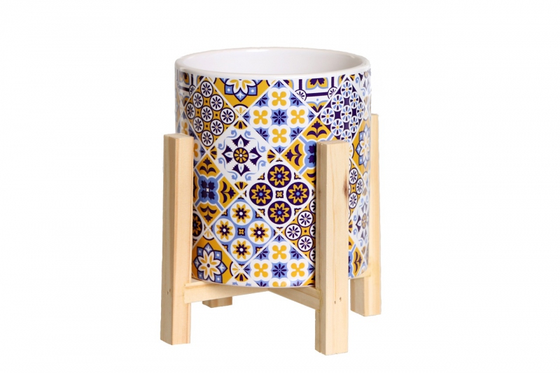 Obal na kvetináč keramický v drevenom stojane mozaikový