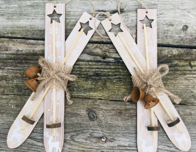 Lyže dekoračné drevené hnedé 21cm 2ks